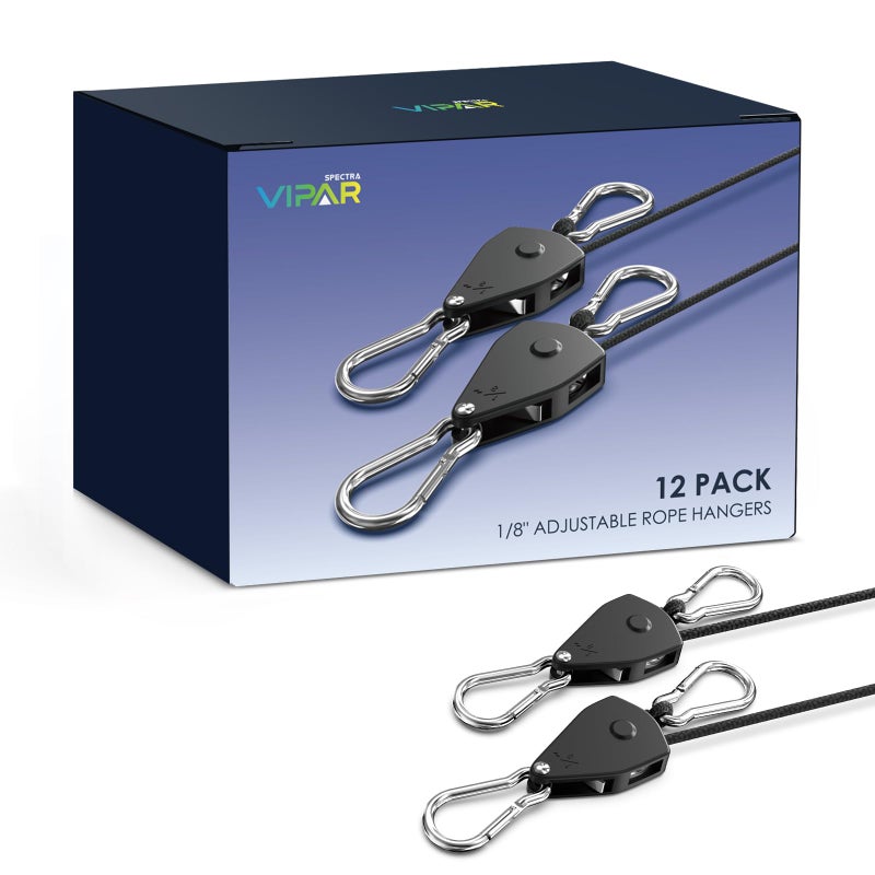 VIPARSPECTRA Retractable Heavy Duty Ratchet Tie Down Straps [12 Pack, 8ft, 75lbs/Pack], Rope Pulley System with Carabiner Hook Rope Adjuster for Hanging Plants/Grow Light/Tents Various Tie-Down Uses - Image 1